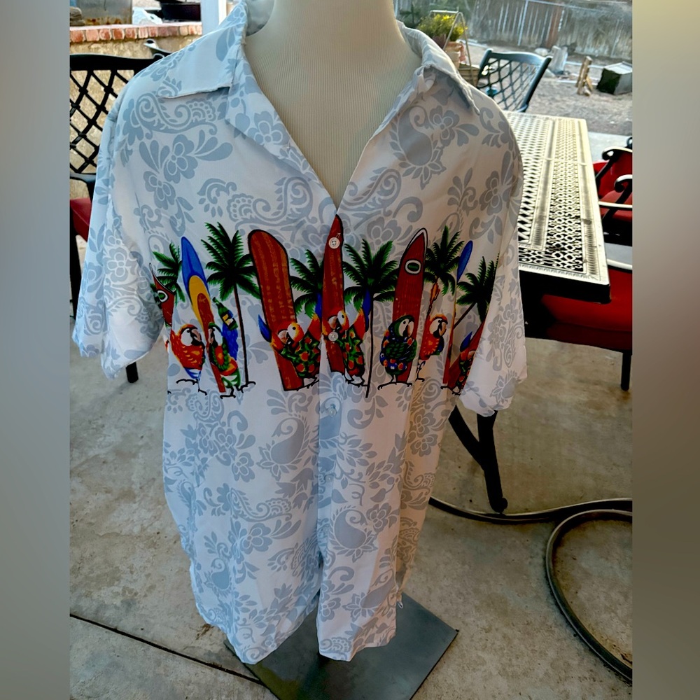 Casual White and Red Button Down Shirt with Tropical Design